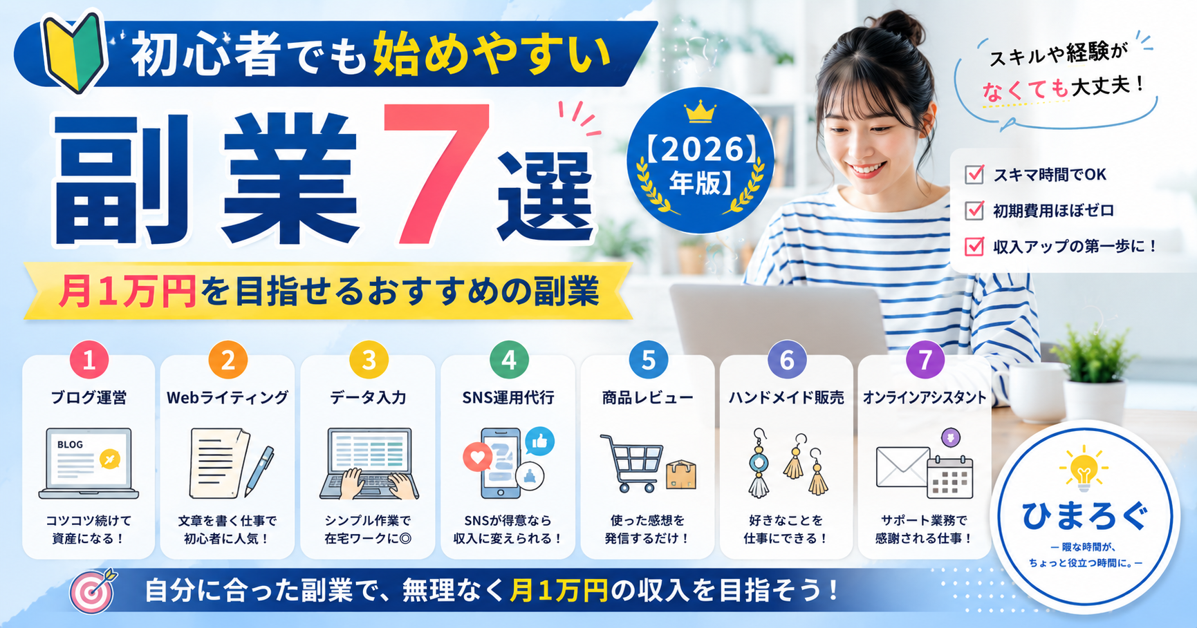 初心者でも始めやすい副業7選と月1万円を目指す方法を紹介するアイキャッチ画像
